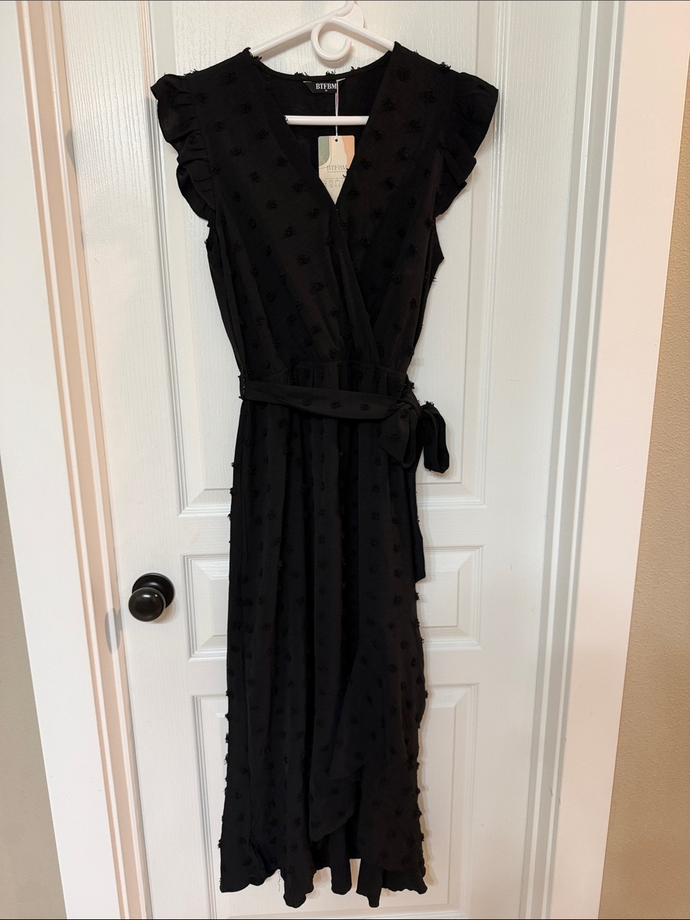 Black Textured Wrap Maxi Dress with Ruffle Sleeves